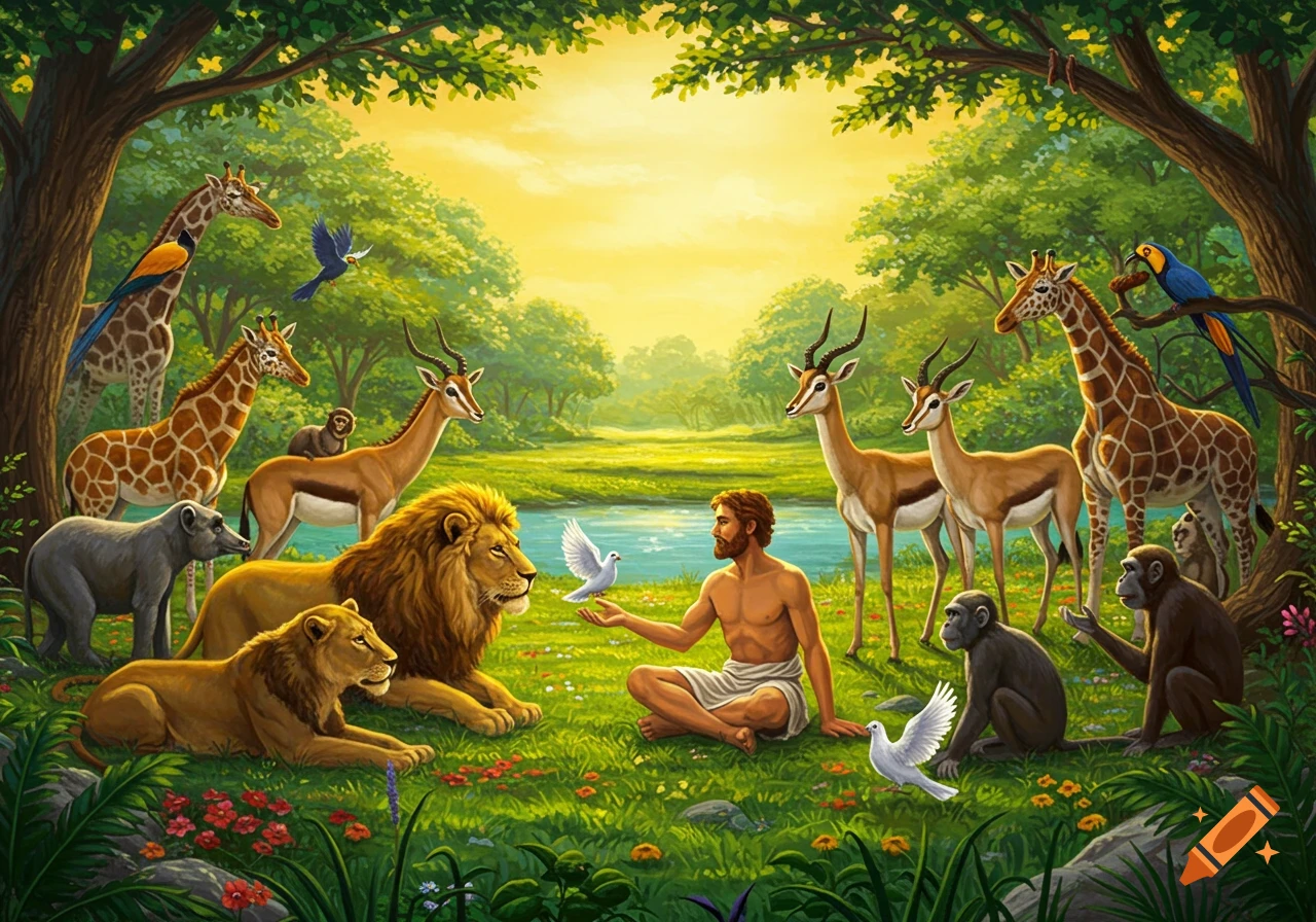 Adam sits among various animals, holding a white dove, in a lush, green forest with a pond and bright sky. Illustrated art.