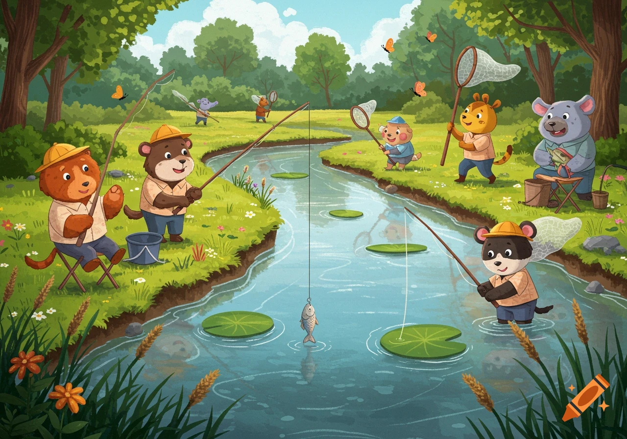 Cartoon animals fish and catch bugs in a vibrant river scene surrounded by trees and green grass in an illustration.