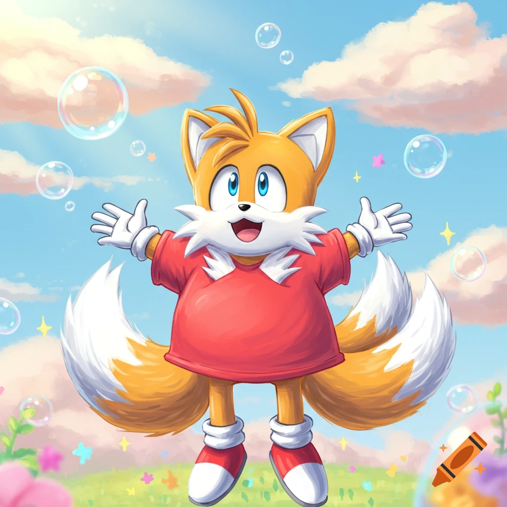 Happy cartoon fox character, Tails, in a red shirt with arms outstretched, surrounded by bubbles under a blue sky.