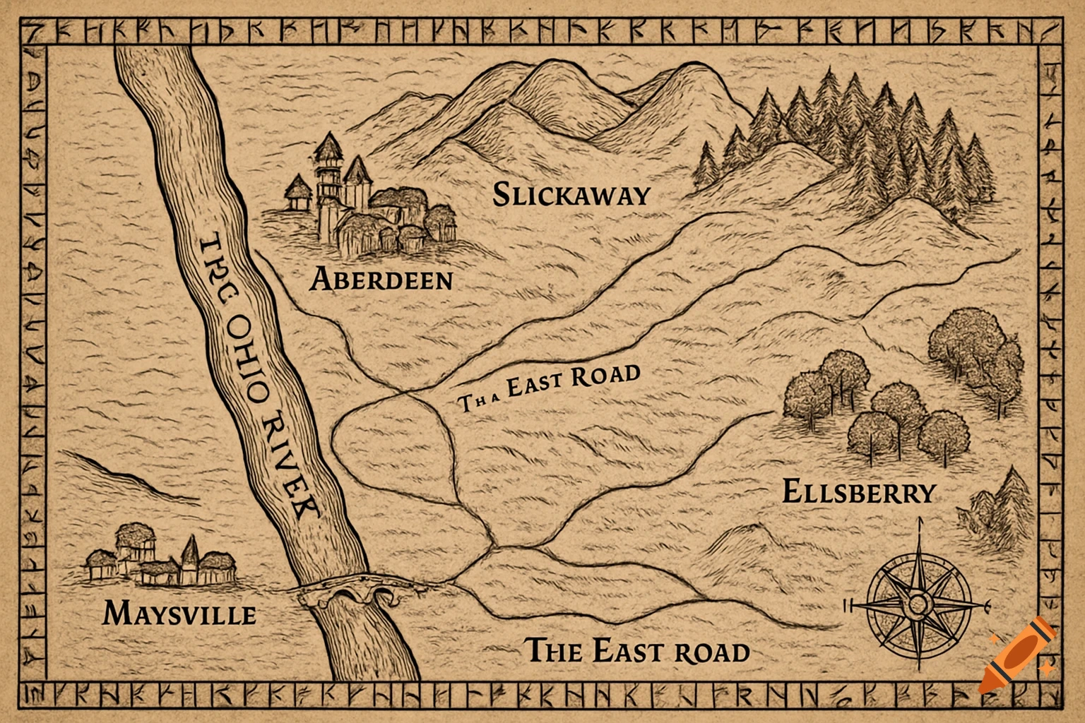 A hand-drawn fantasy map on parchment with black ink showing a river, towns, roads, hills, forests, a compass rose, and a runic border.