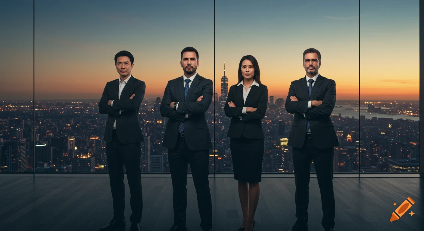 Four business professionals in suits stand with crossed arms in a modern office overlooking a city skyline at sunset.