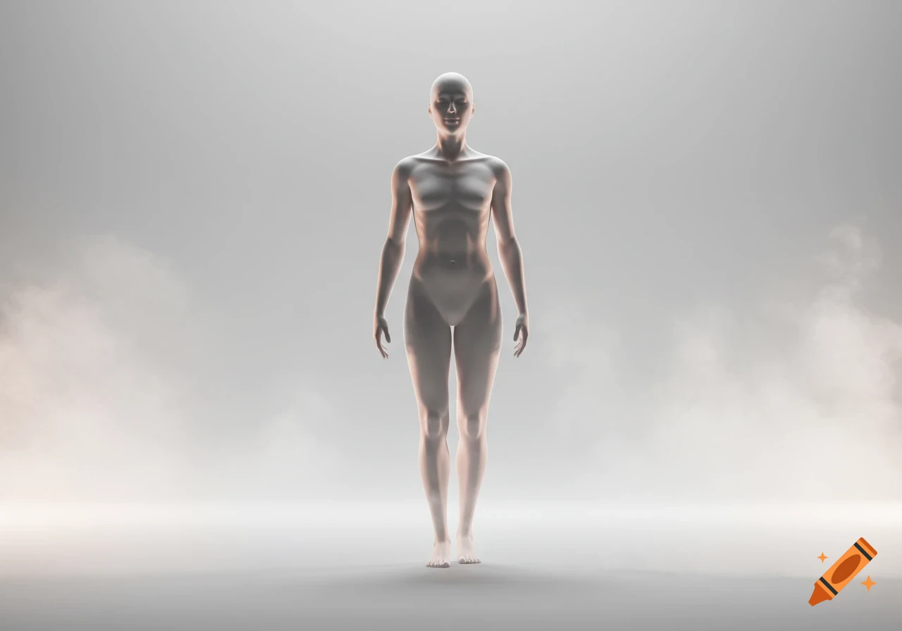 A minimalist, full-body rendering of a smooth, featureless human figure standing in a misty white void.