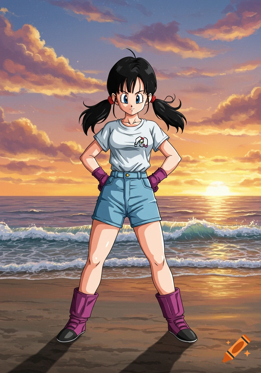 Anime character Videl with pigtails standing on a beach at sunset, hands on hips.