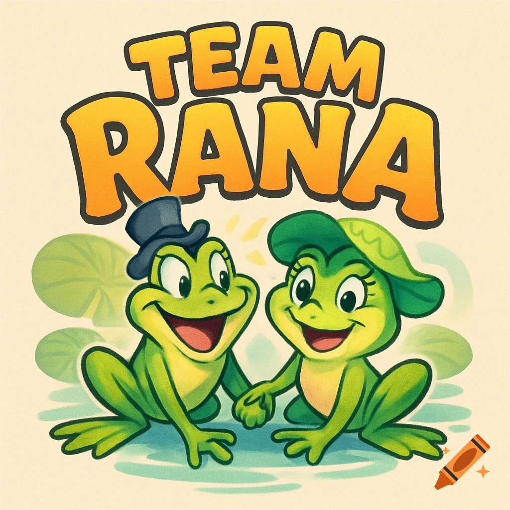 Cartoon logo with two happy frogs, one male in a top hat and one female in a leaf hat, holding hands, with 'TEAM RANA' text above them.