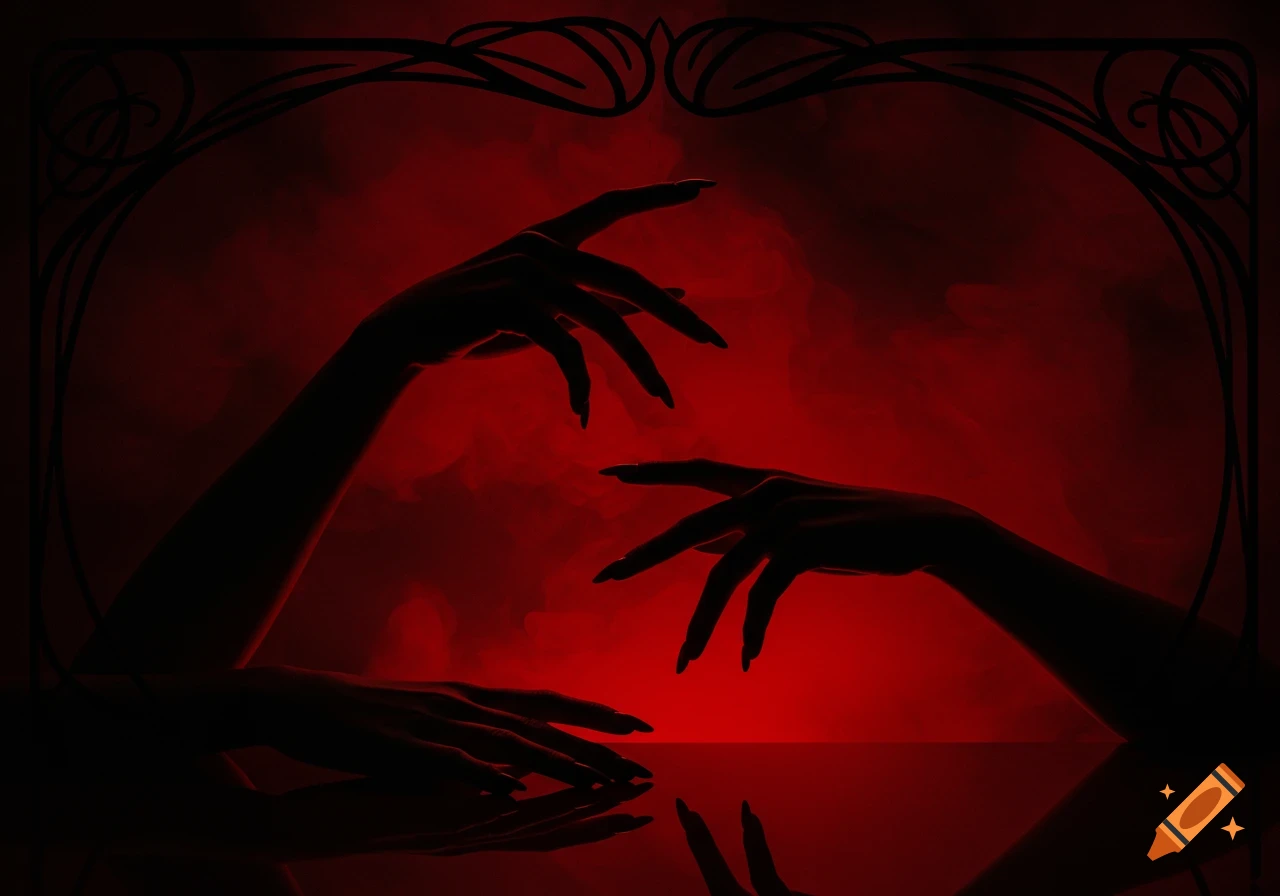 Silhouetted hands with long pointy nails rise from darkness against a red smoky backdrop with an art nouveau frame.