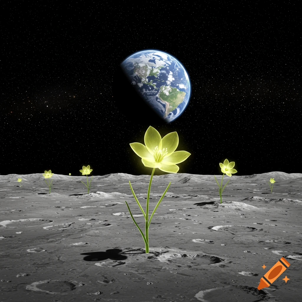 Glowing yellow-green flowers grow from the moon's surface under a starry sky with Earth visible.