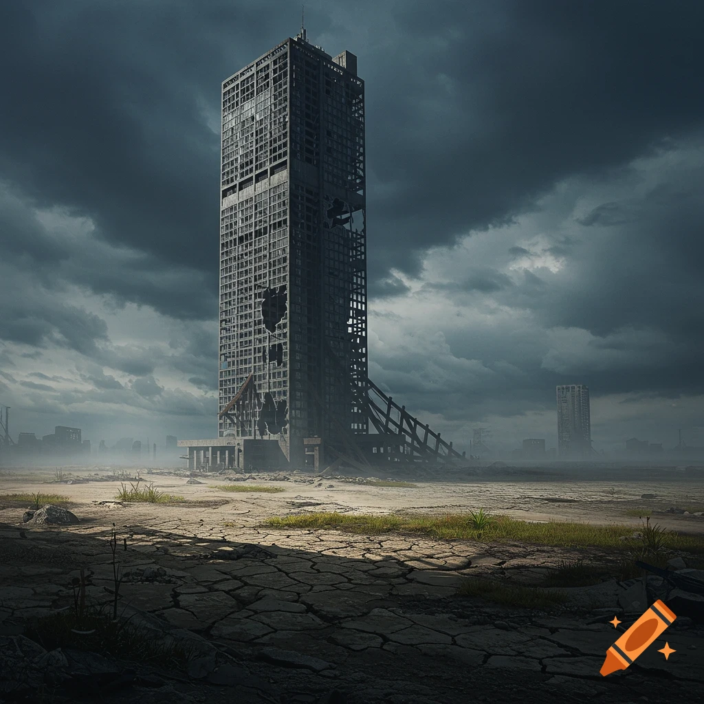 A tall, ruined skyscraper stands in a desolate, cracked landscape under dark, stormy skies, with other distant decaying buildings.