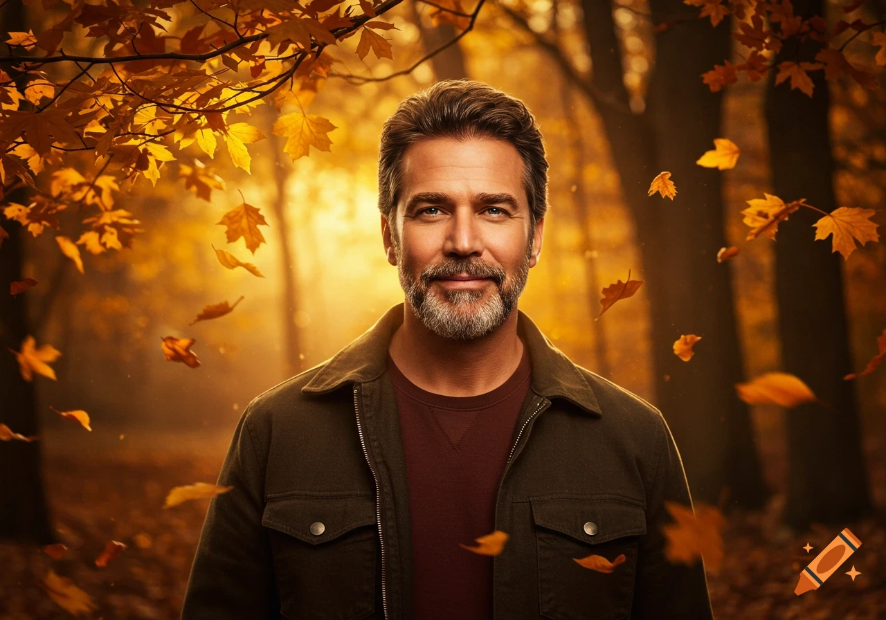 Photorealistic portrait of a smiling man with a beard, wearing a dark jacket, in a golden autumn forest with falling leaves.