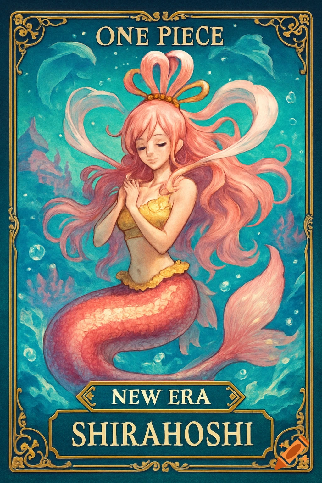 A stylized fantasy card game illustration featuring a mermaid with long pink hair, wearing a golden top and red tail, against an underwater background. Text reads 'ONE PIECE', 'NEW ERA', and 'SHIRAHOSHI'.