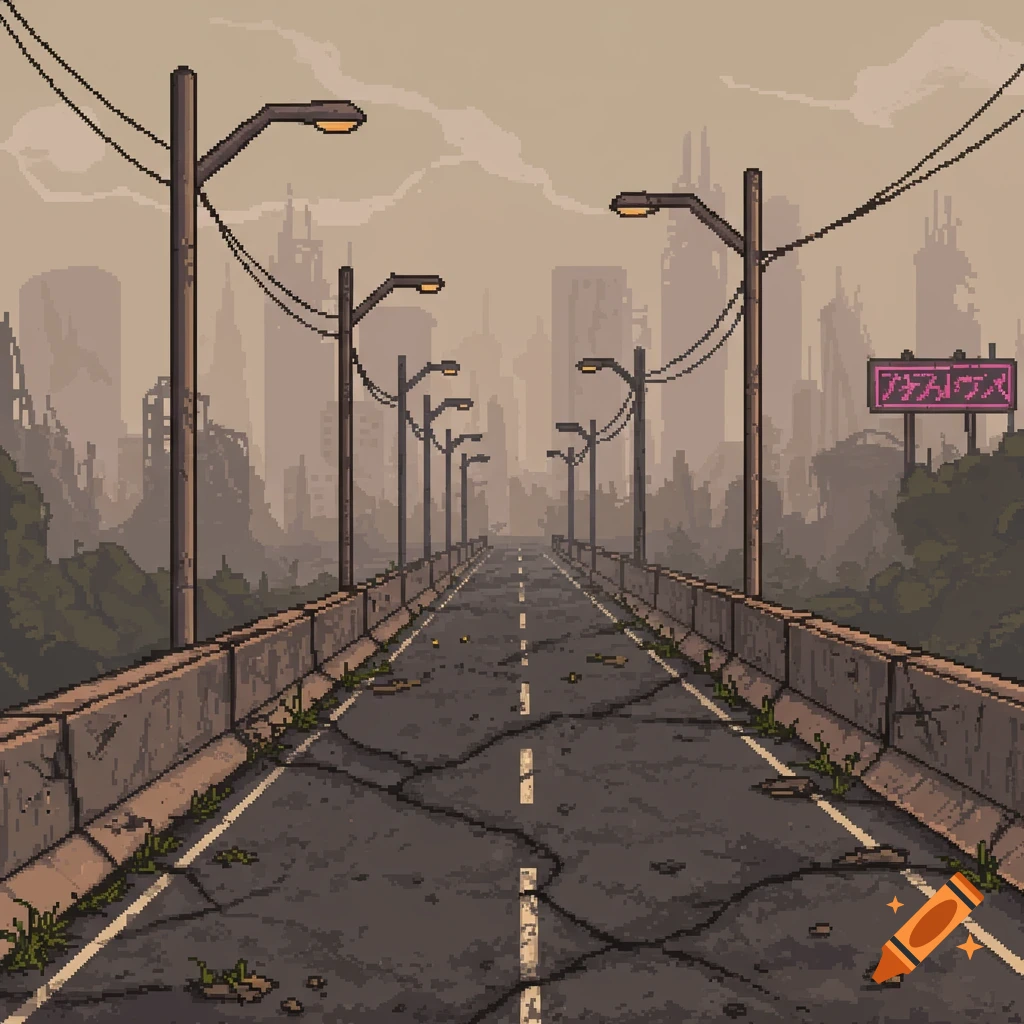 Pixel art of a cracked, empty road leading through a desolate, ruined post-apocalyptic city under a hazy sky, with streetlights.