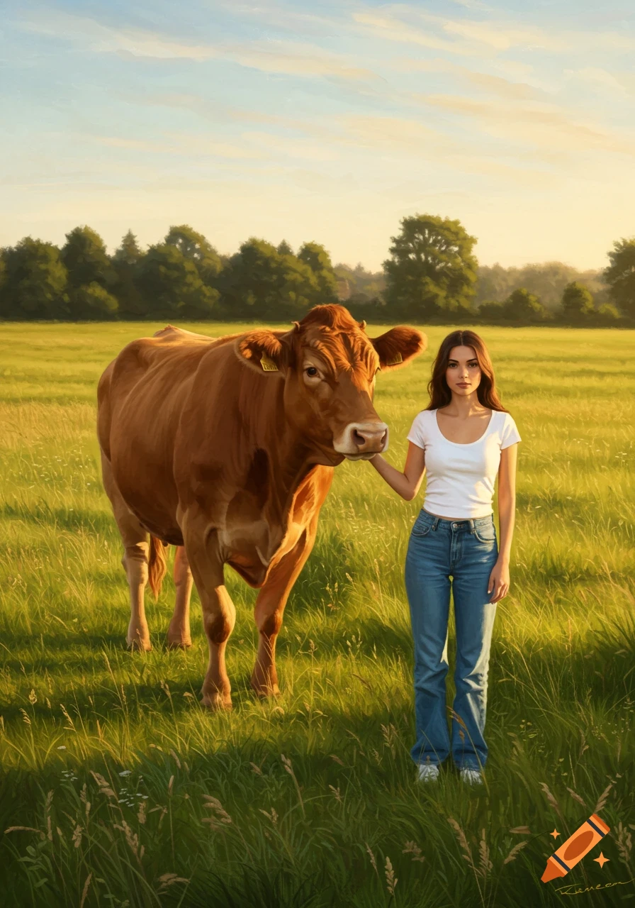 A young woman in jeans and a white t-shirt stands next to a large brown cow in a sunny, grassy field.