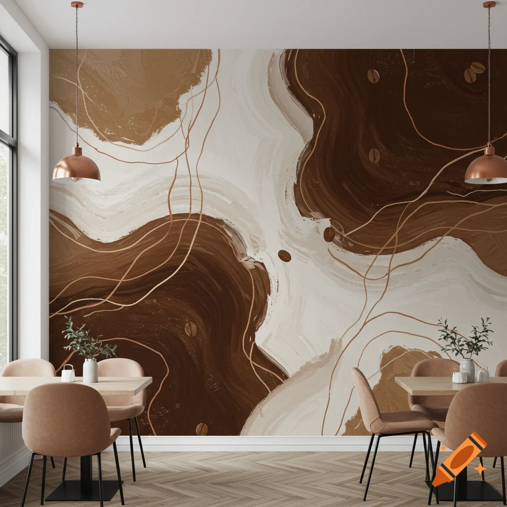 Modern cafe interior with an abstract wall mural in brown and white, featuring gold lines and coffee bean motifs. Light wood tables, tan chairs, and copper pendant lights.