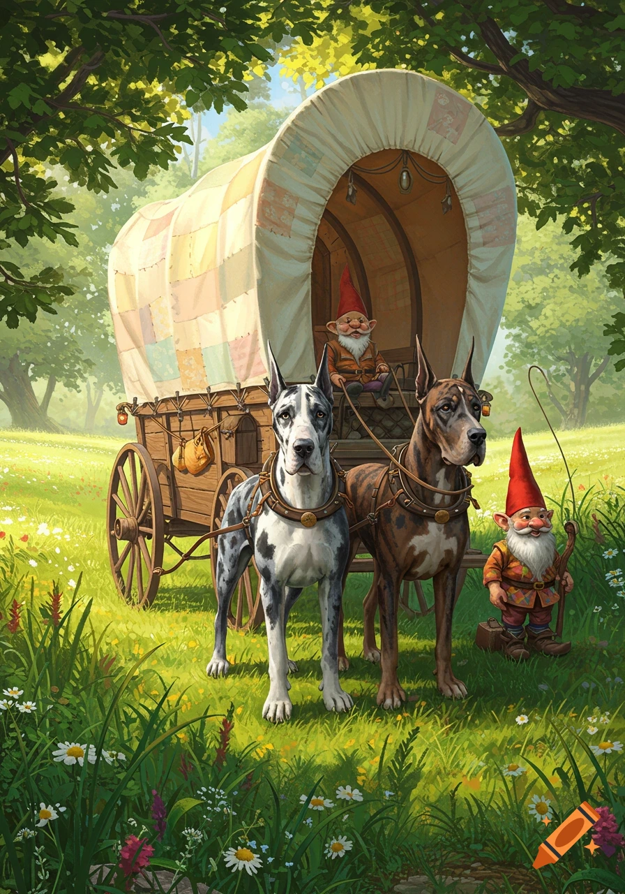 Two Great Danes, one harlequin and one brindle, pull a covered wagon through a sunny, flowery meadow with gnomes.