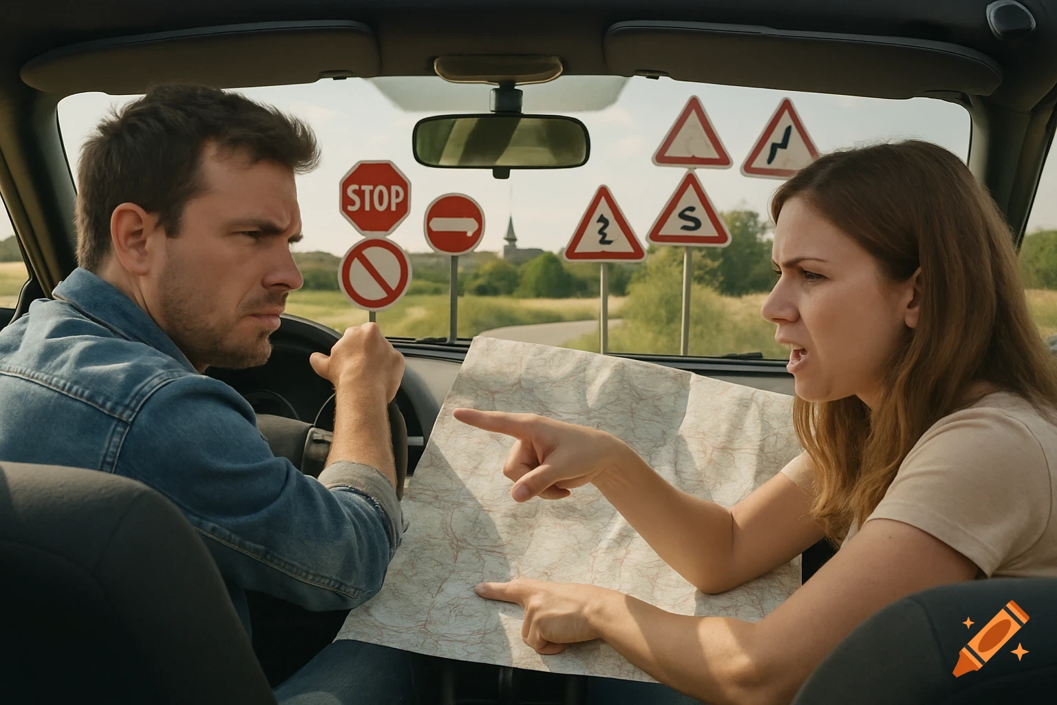 A man and a woman in a car, seen from the backseat, arguing over a map while many confusing road signs are visible through the windshield.