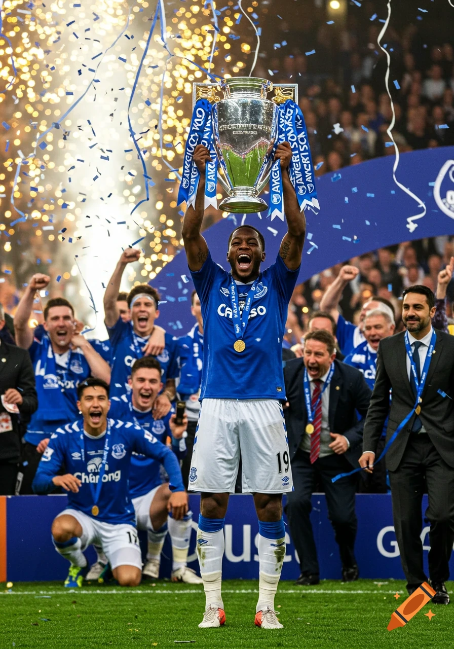 An excited Everton football player in a blue jersey lifts a silver trophy above his head, surrounded by cheering teammates and confetti.