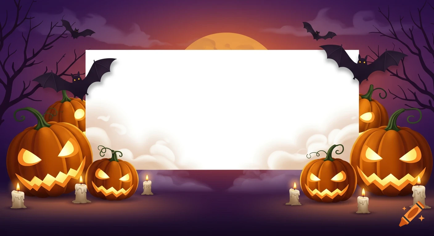 Halloween border with glowing jack-o'-lanterns, candles, and bats framing a white rectangle against a spooky sunset sky with bare trees.