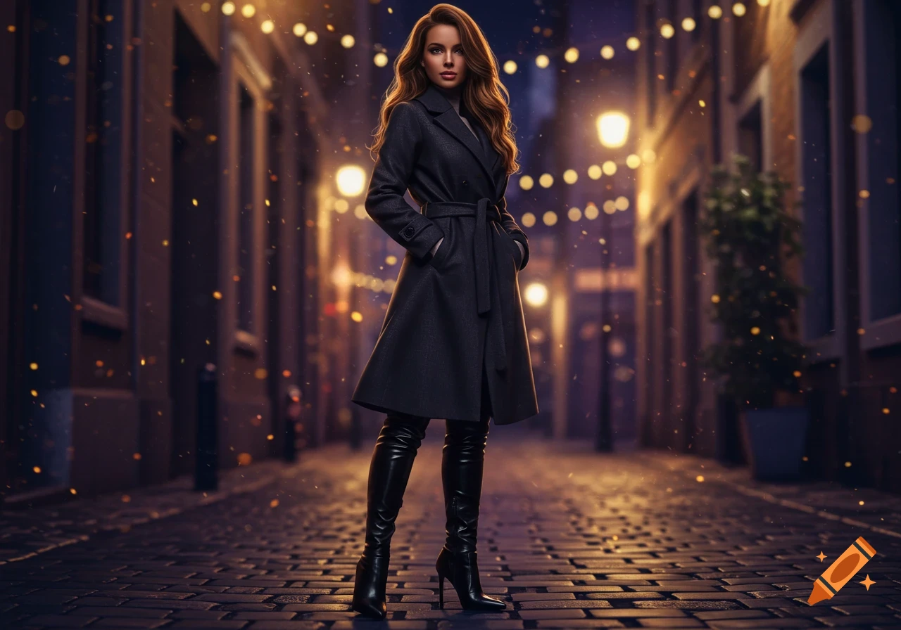 A woman in a dark coat and thigh-high black boots stands on a cobblestone street at night, illuminated by warm string lights.