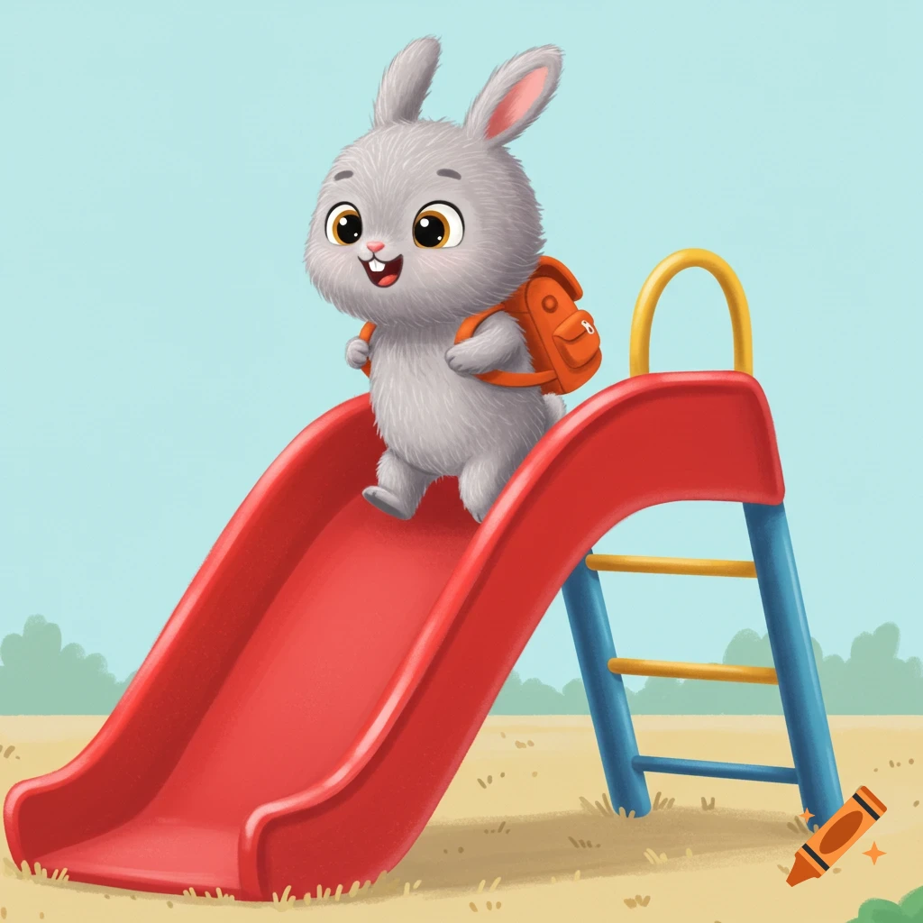 A cute gray cartoon bunny with an orange backpack stands on a red playground slide, looking excited.