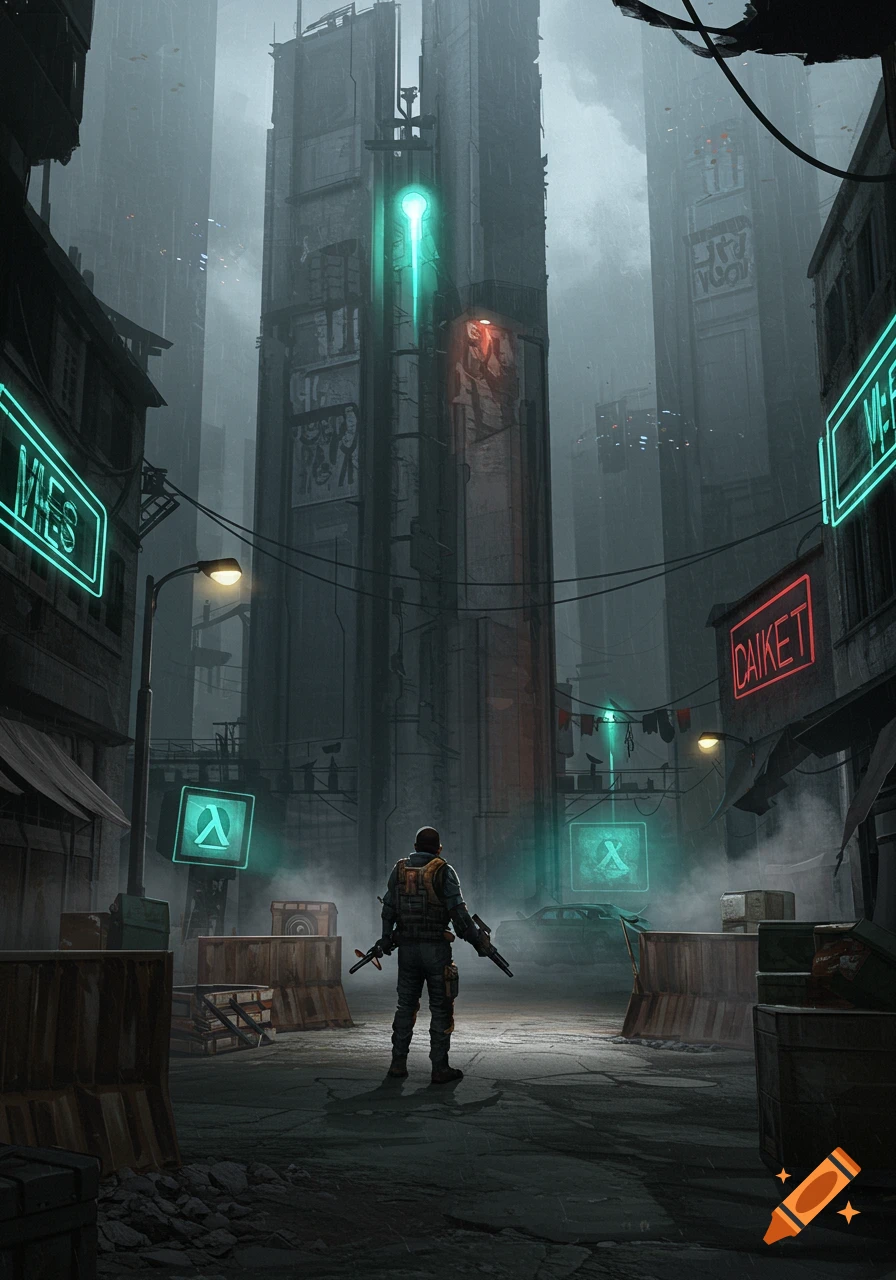 A lone figure with two rifles stands in a dark, rainy dystopian city street, looking towards massive, looming buildings with glowing neon signs.