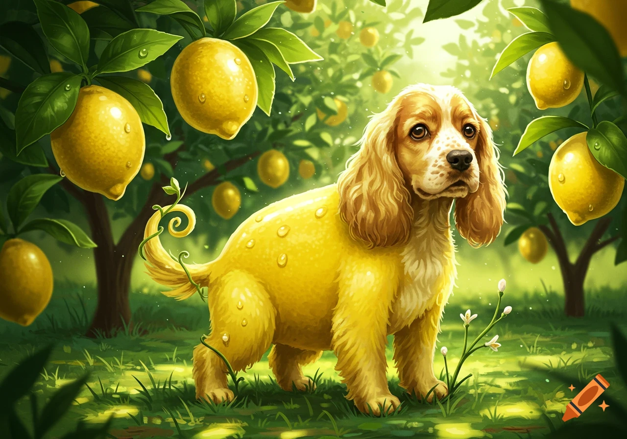 A vibrant illustration of a yellow dog with lemon-textured fur, standing in a lush lemon grove under dappled sunlight.