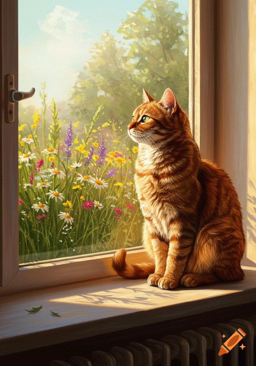 An orange tabby cat sits on a sunlit windowsill, looking out at a vibrant spring meadow with colorful wildflowers, in a painterly style.