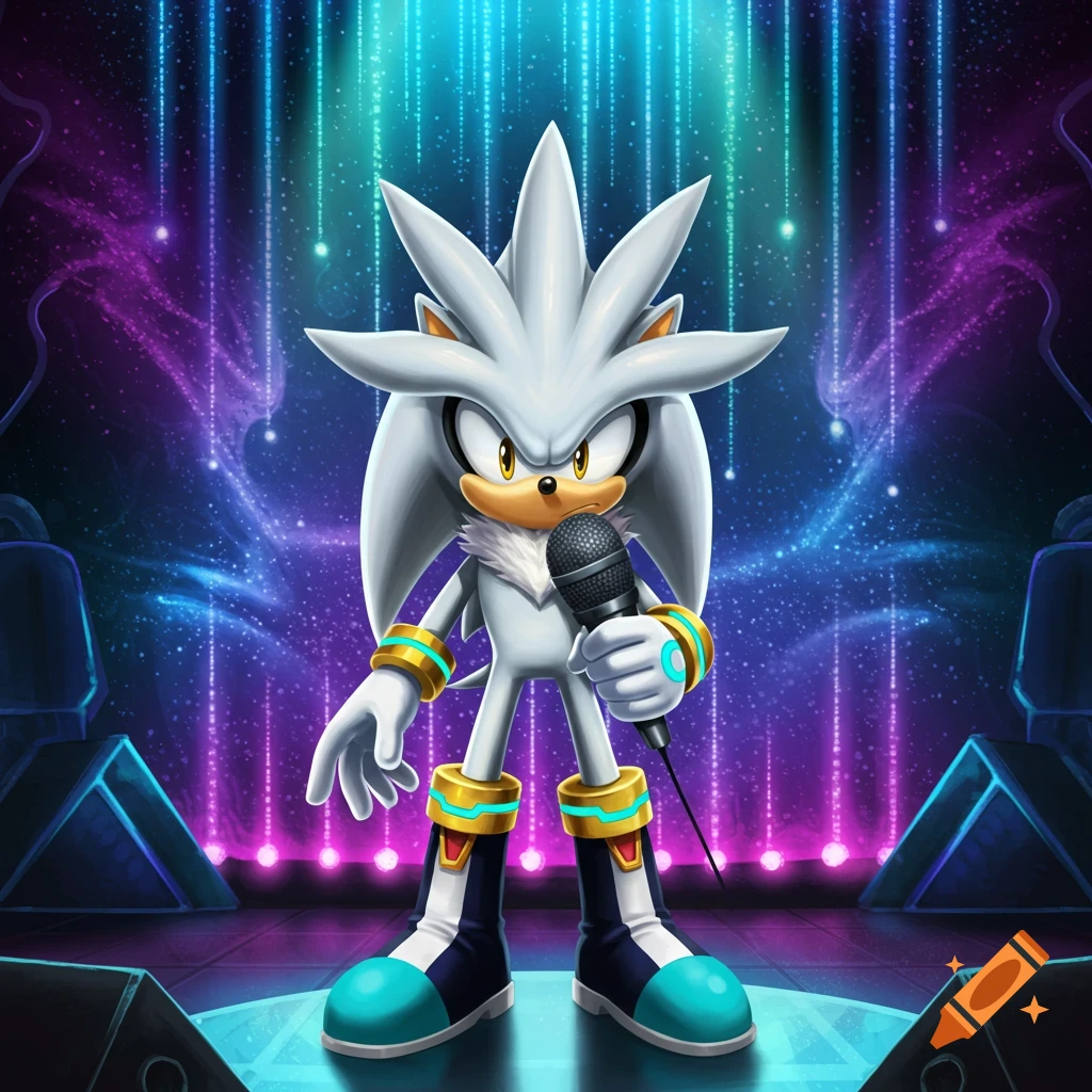Silver the Hedgehog, a white bipedal hedgehog, stands on a stage holding a microphone, bathed in blue and purple stage lights.