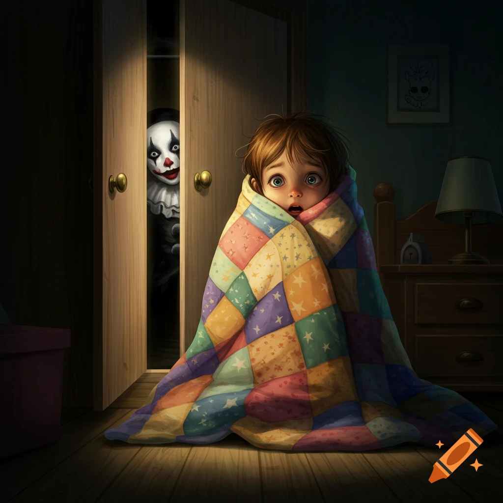 A scared child wrapped in a colorful quilt looks horrified as a clown with a painted white face peeks from a dark bedroom closet. Illustration.