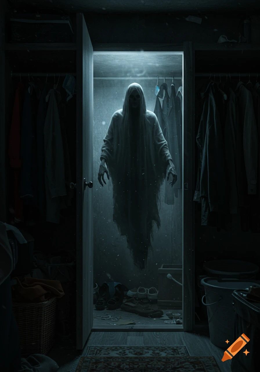 A terrifying translucent ghost with long hair and glowing eyes floats in a dark, messy open closet. Horror art style.