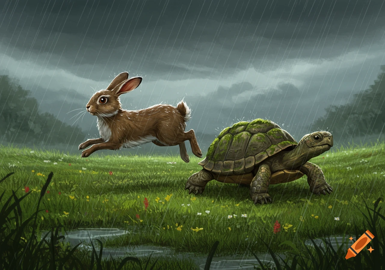 An illustrated brown rabbit leaps ahead of a mossy tortoise in a green, rainy field under a dark sky.
