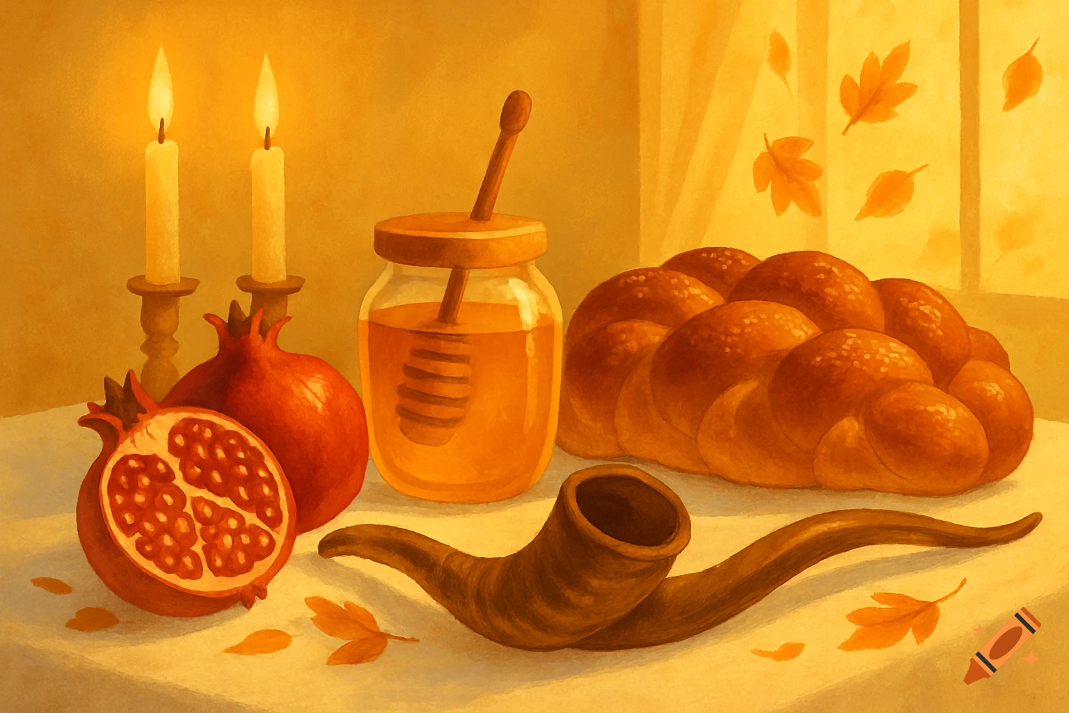 Painterly still life of Rosh Hashanah symbols: lit candles, pomegranates, honey jar, challah, shofar, and autumn leaves.