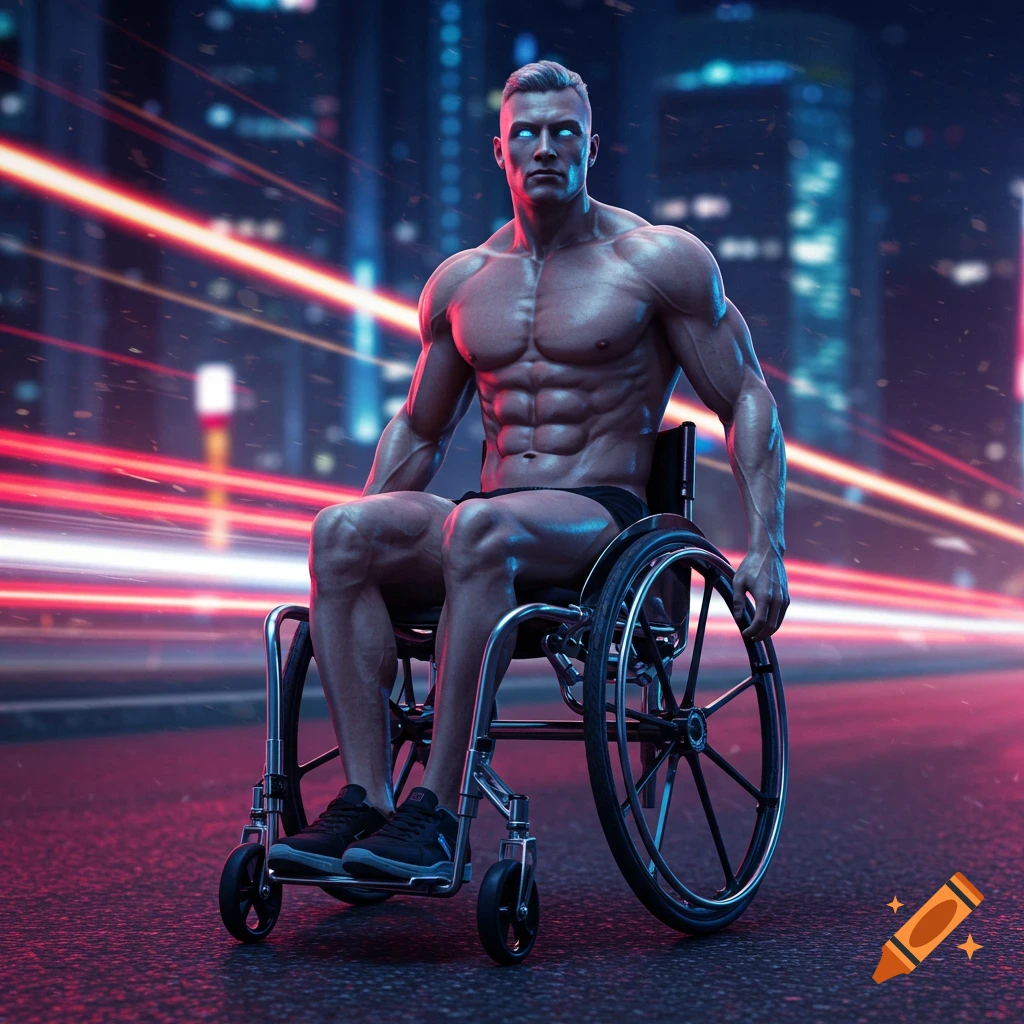A muscular man with glowing eyes sits in a wheelchair on a cyberpunk city street at night, with neon light trails.