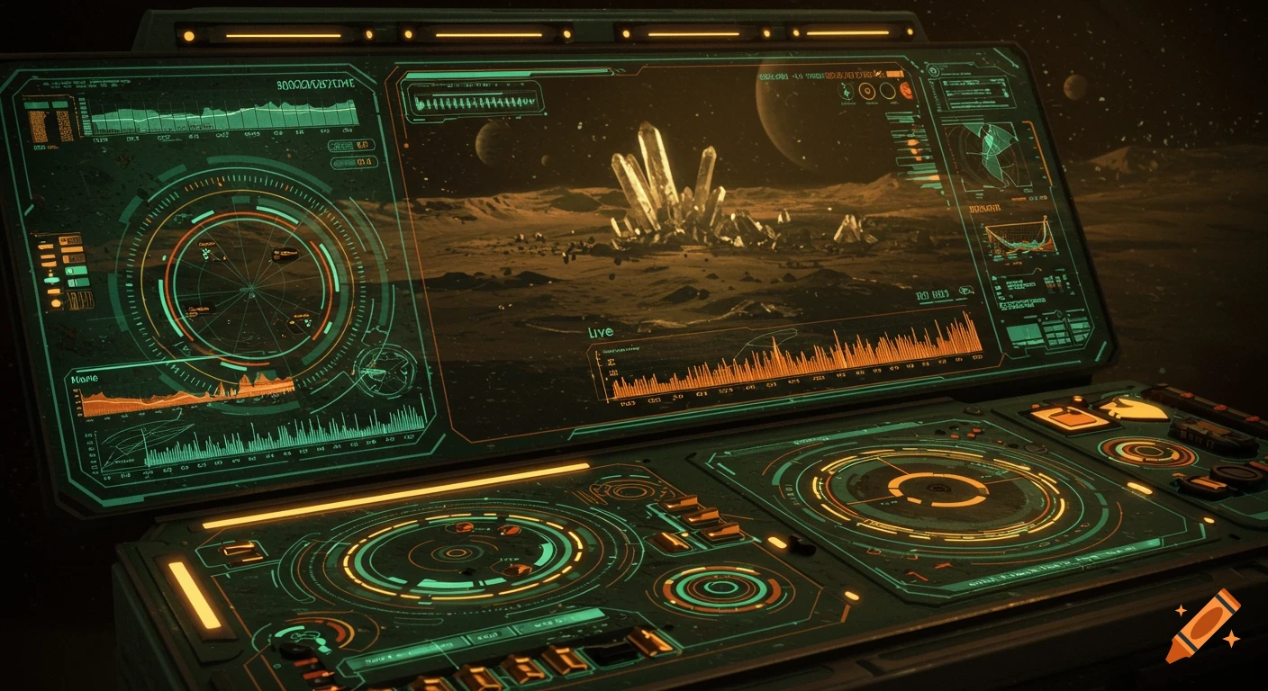 A retrofuturistic spaceship interface displays a planetary landscape with large crystals and data, glowing with green and orange lights.