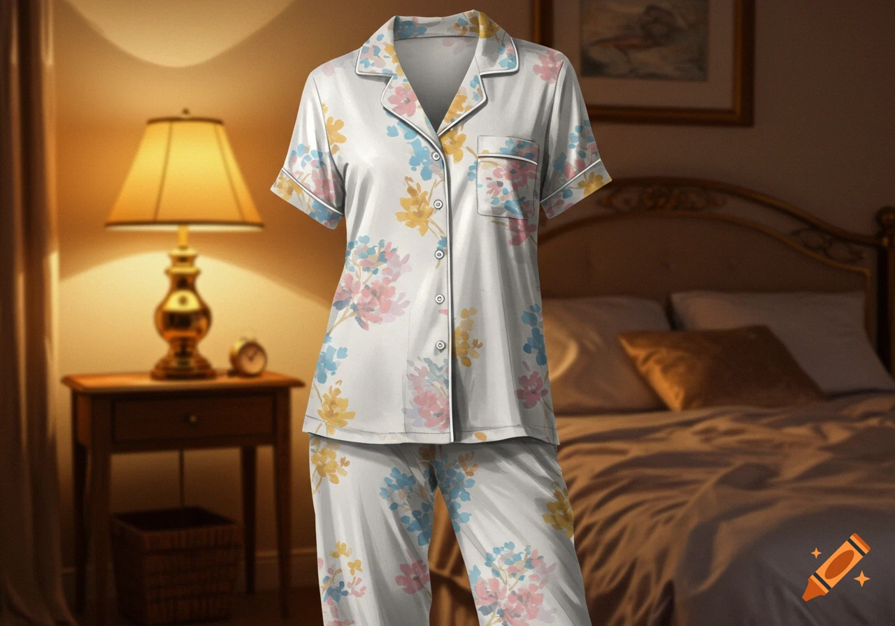 White floral pajama set with pink, yellow, and blue flowers, shown in a dimly lit bedroom.