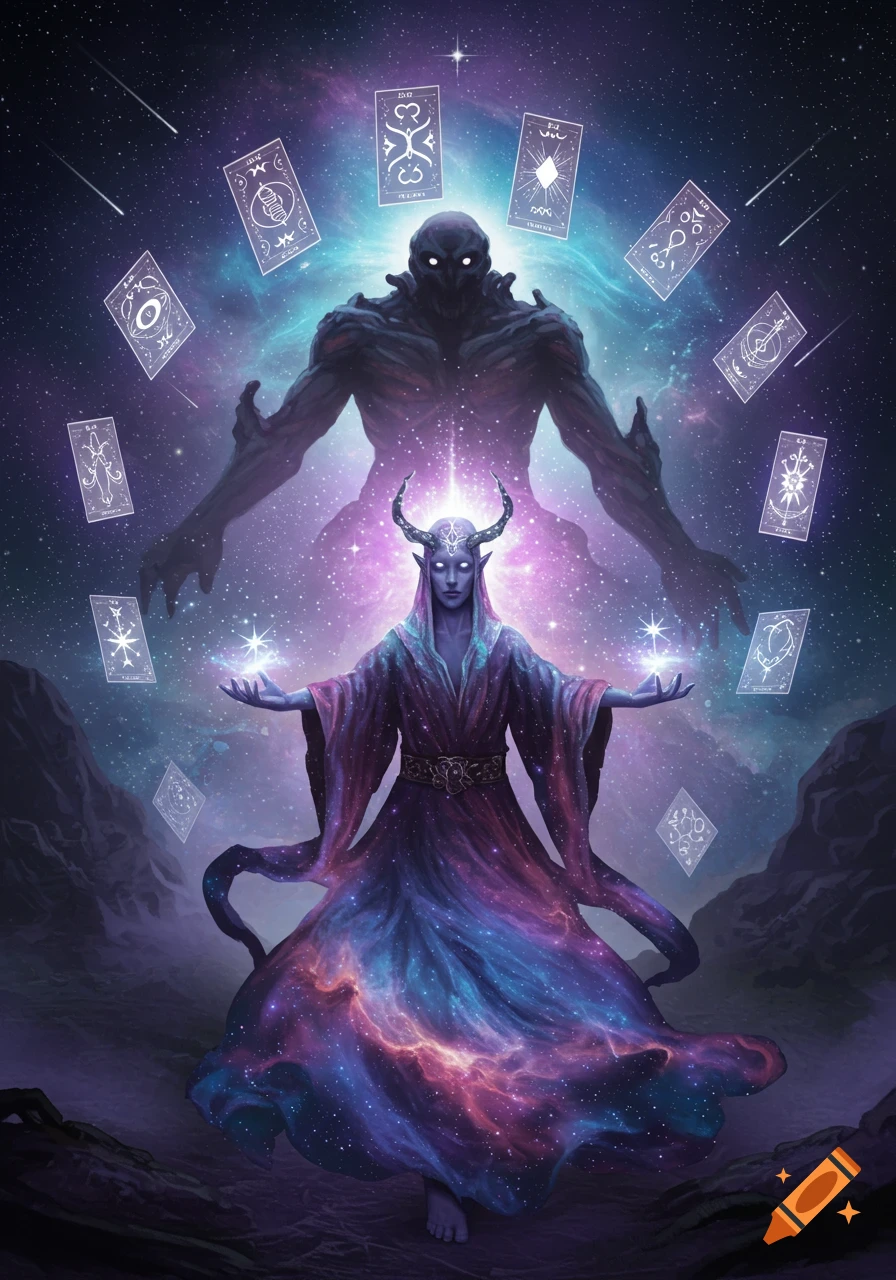 A horned celestial being in a galaxy-patterned robe summons a shadowy primordial entity amidst floating tarot cards and stars in a cosmic landscape.