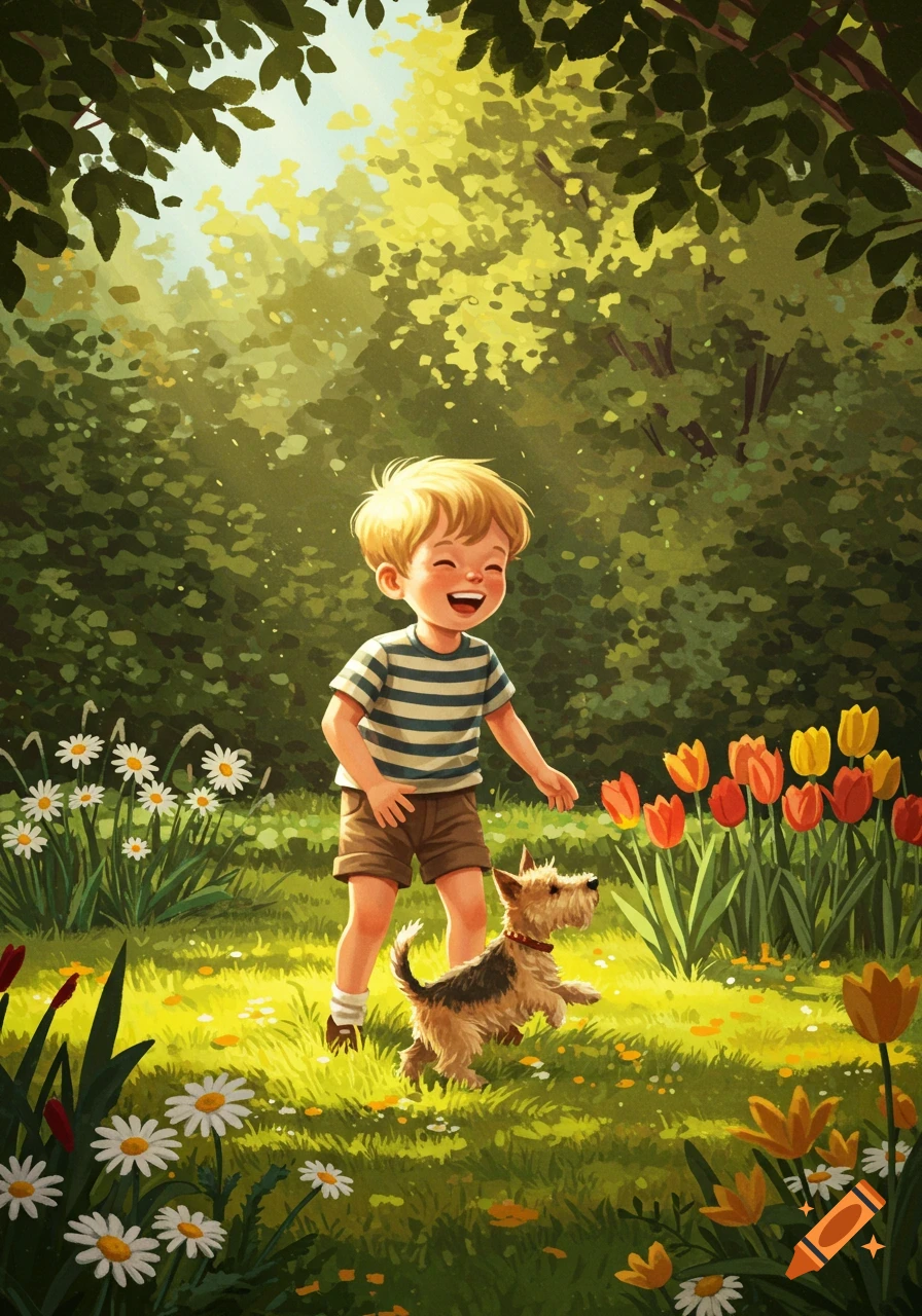A smiling blond boy in a striped shirt runs with a small dog in a vibrant, sunlit garden with daisies and tulips, illustration style.