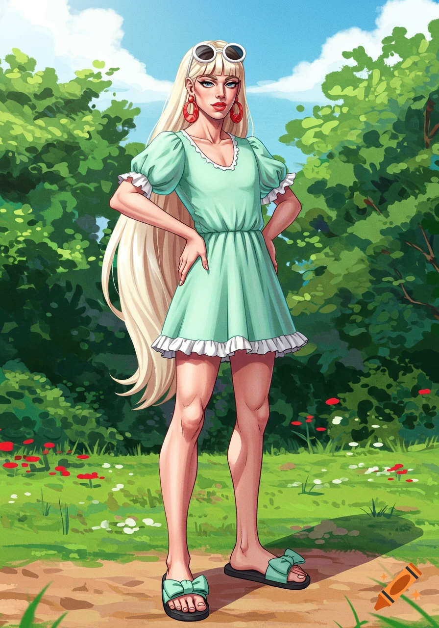 A stylized character with long blonde hair, a mint green dress, red hoop earrings, white sunglasses, and green bow sandals, stands in a vibrant green garden.