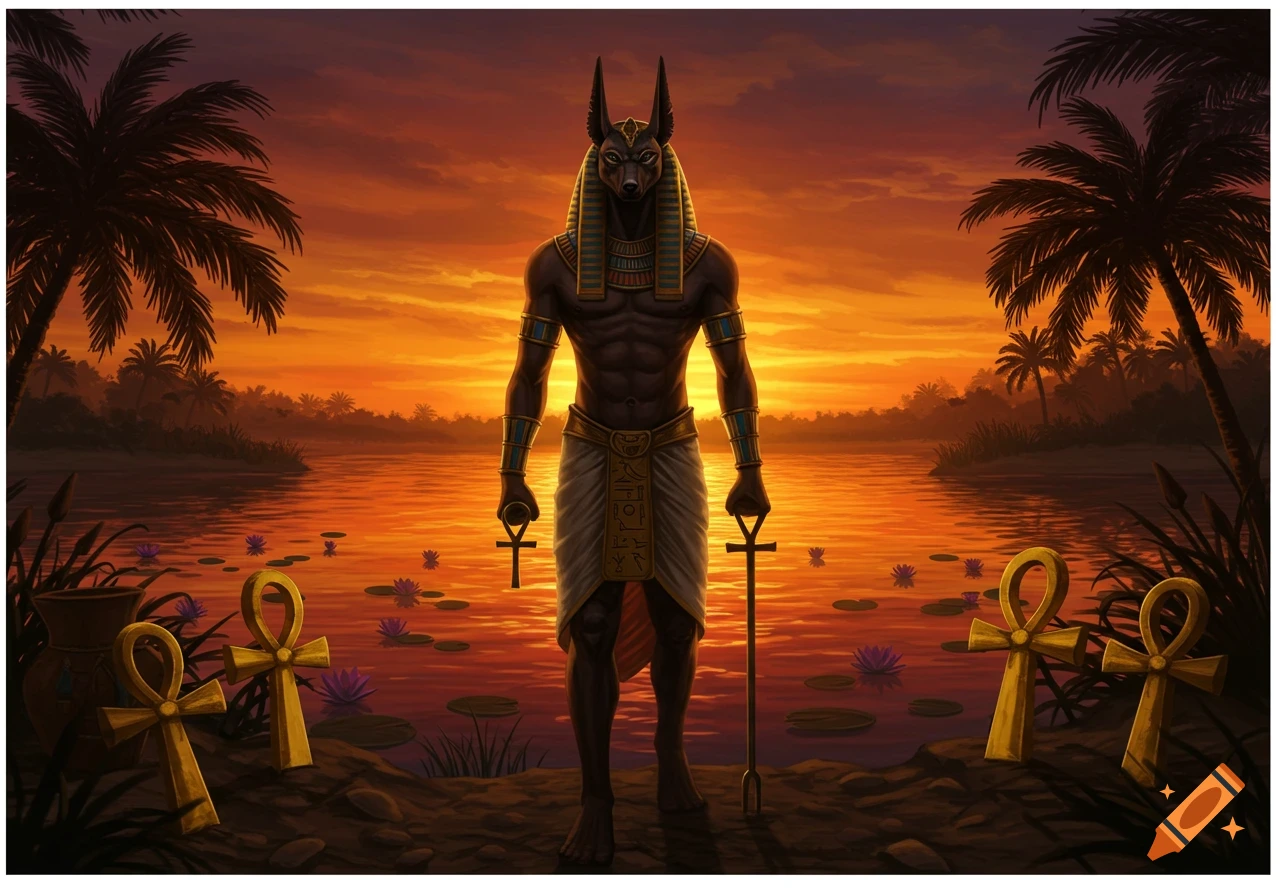 A jackal-headed god, Anubis, stands in a river at sunset, holding ankh symbols, surrounded by palm trees and lotus flowers in a fantasy art style.