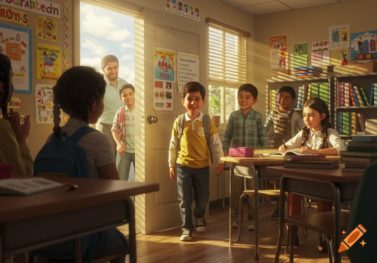A boy with a backpack enters a bright, cheerful classroom, greeted by smiling classmates and a teacher in a realistic style.