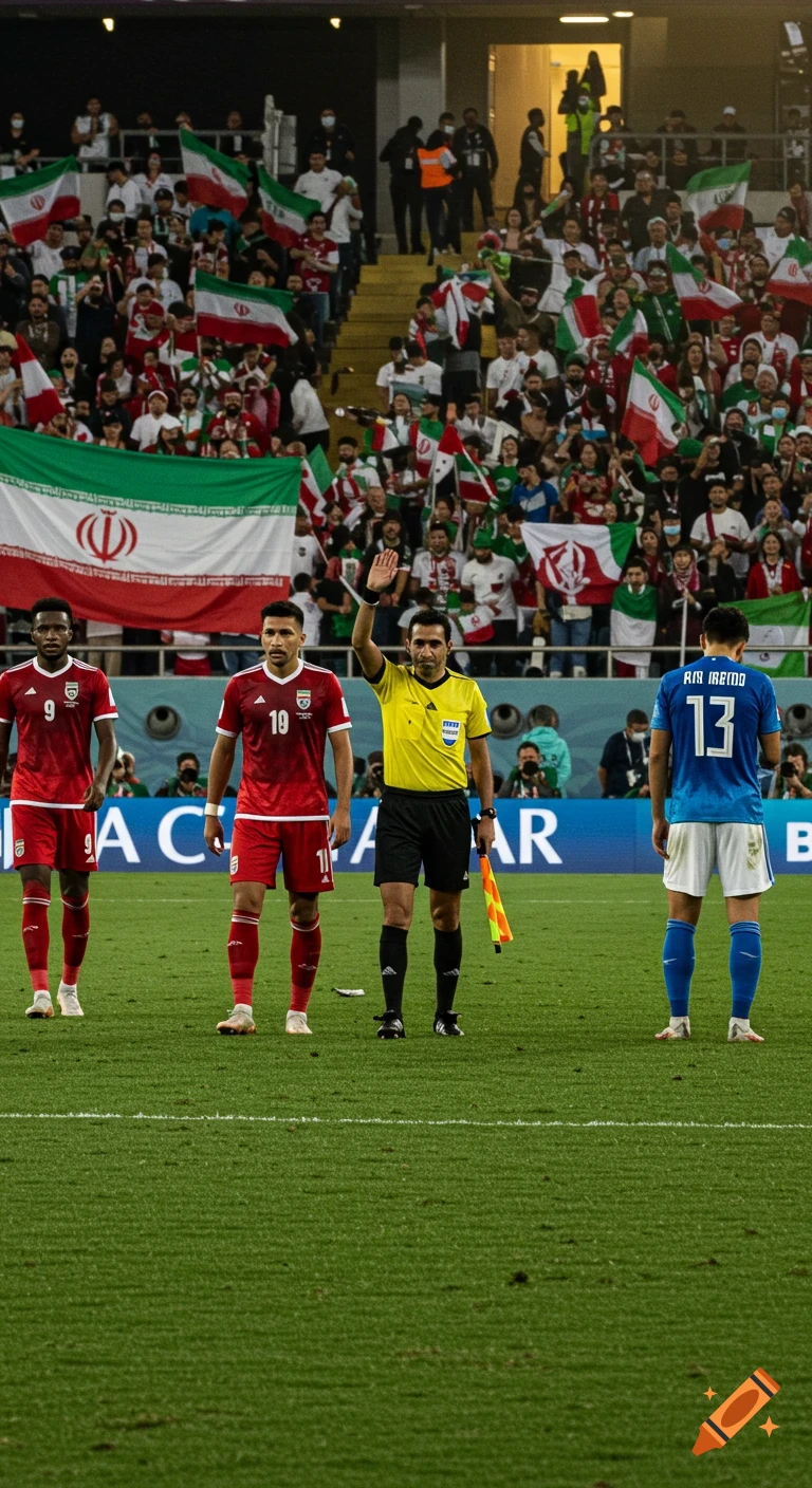 A referee waves his hand on a football field with three players and a stadium full of Iranian spectators holding flags.