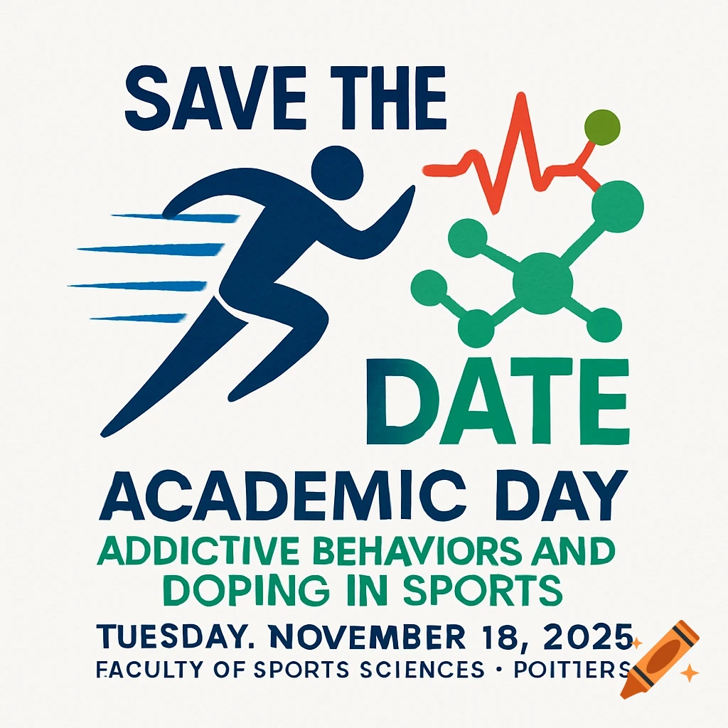 Save the Date poster with a runner silhouette, chemical structures, and text for an academic day on doping in sports on Nov 18, 2025.