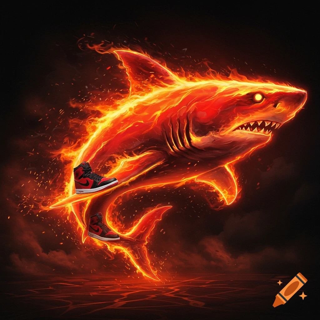 A stylized great white shark made of red and orange flames, with red and black sneakers on its back, against a dark background.