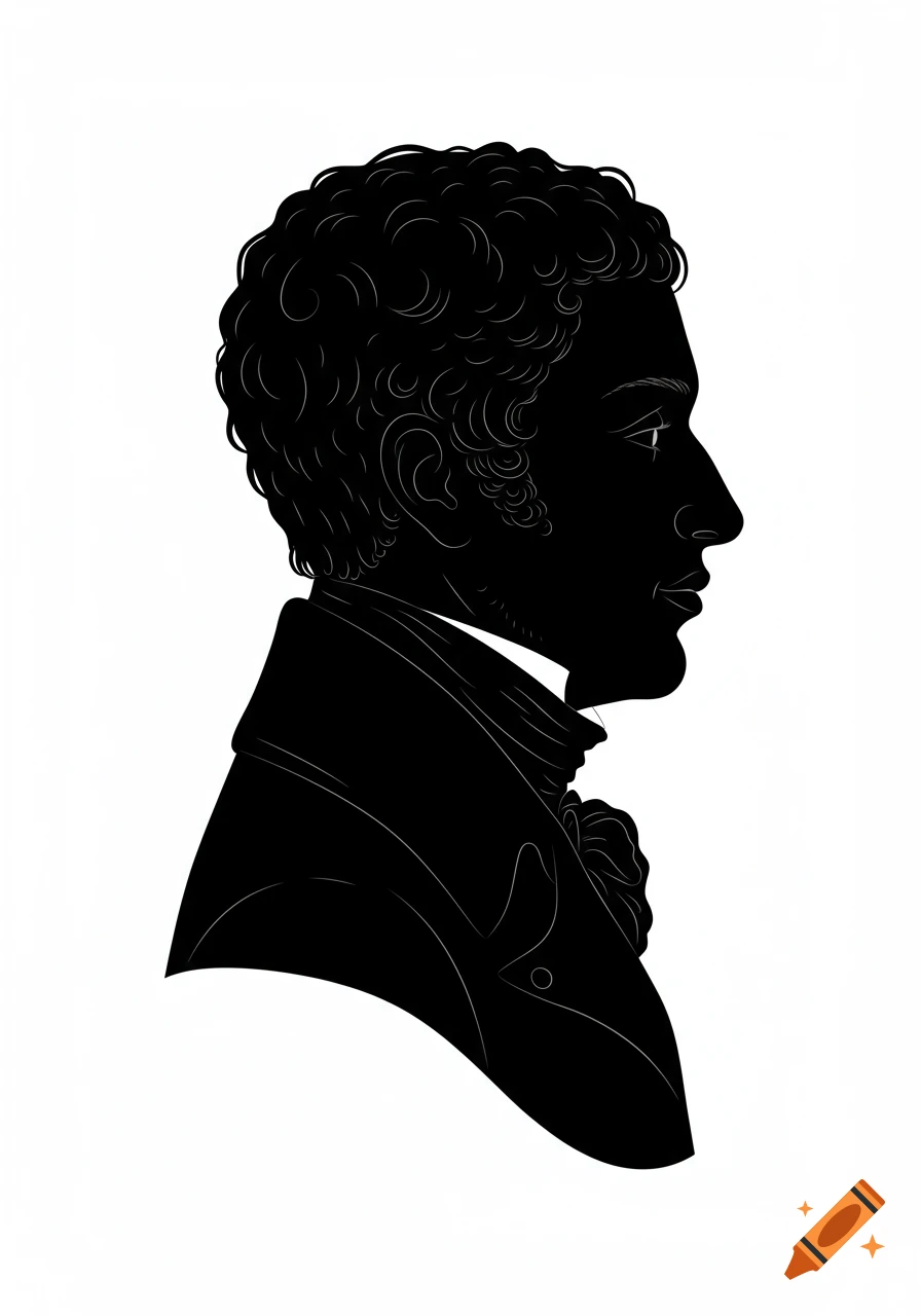 Black and white Regency-era silhouette of a man in side profile with curly hair, clean lines.