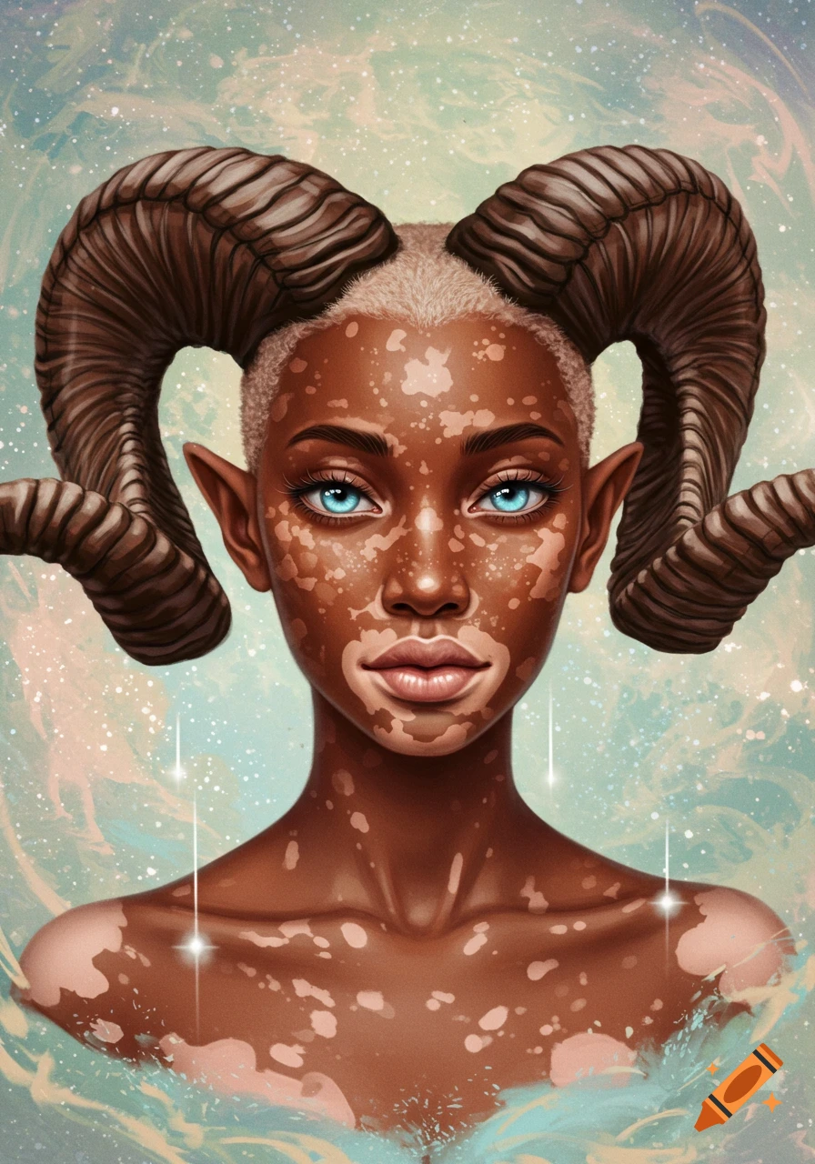 A digital portrait of a girl with sienna skin, vitiligo, blue eyes, and large ram horns against an ethereal starry background.