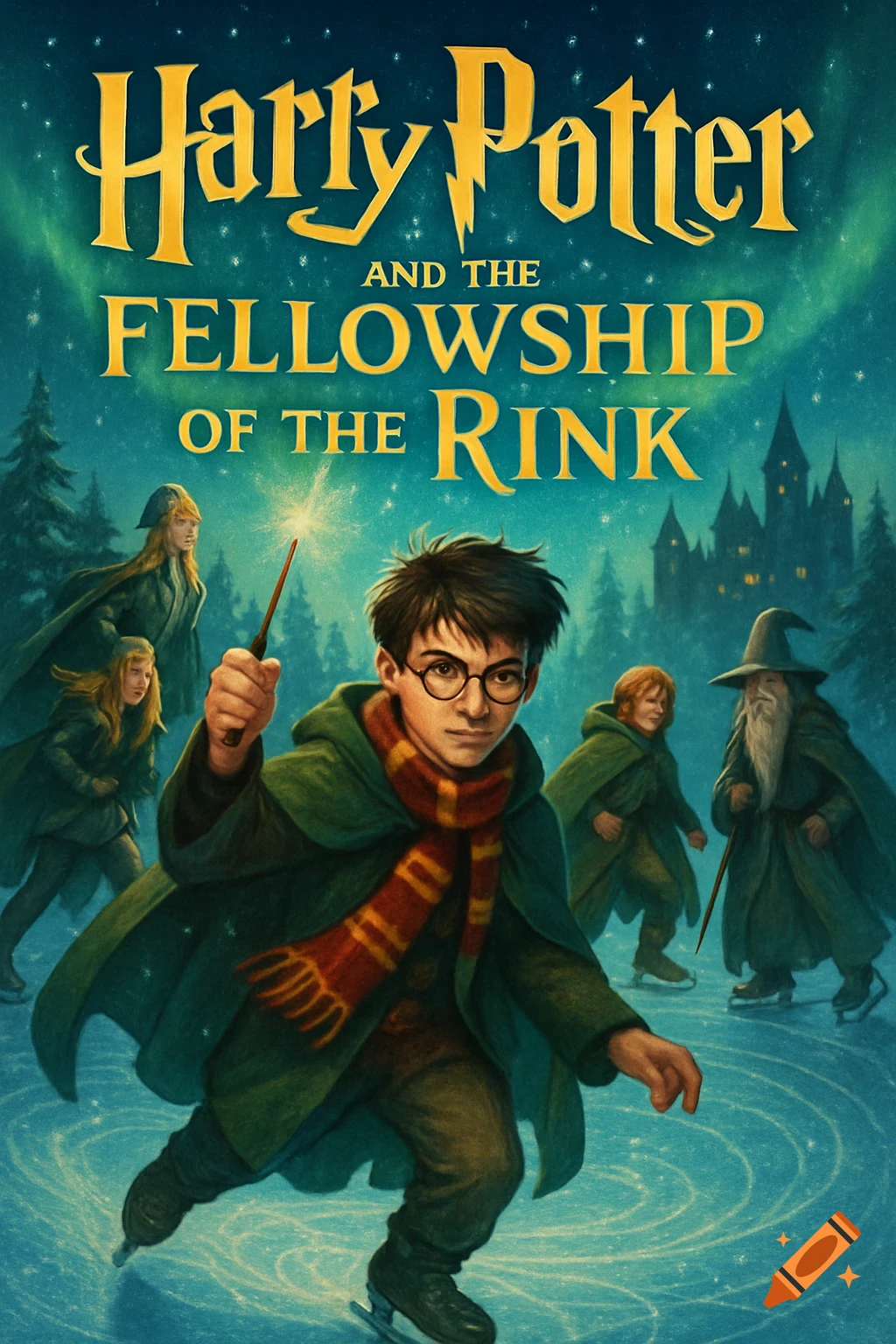 Illustrated book cover depicting Harry Potter, Gandalf, and other characters ice skating in a snowy landscape with a castle and aurora.