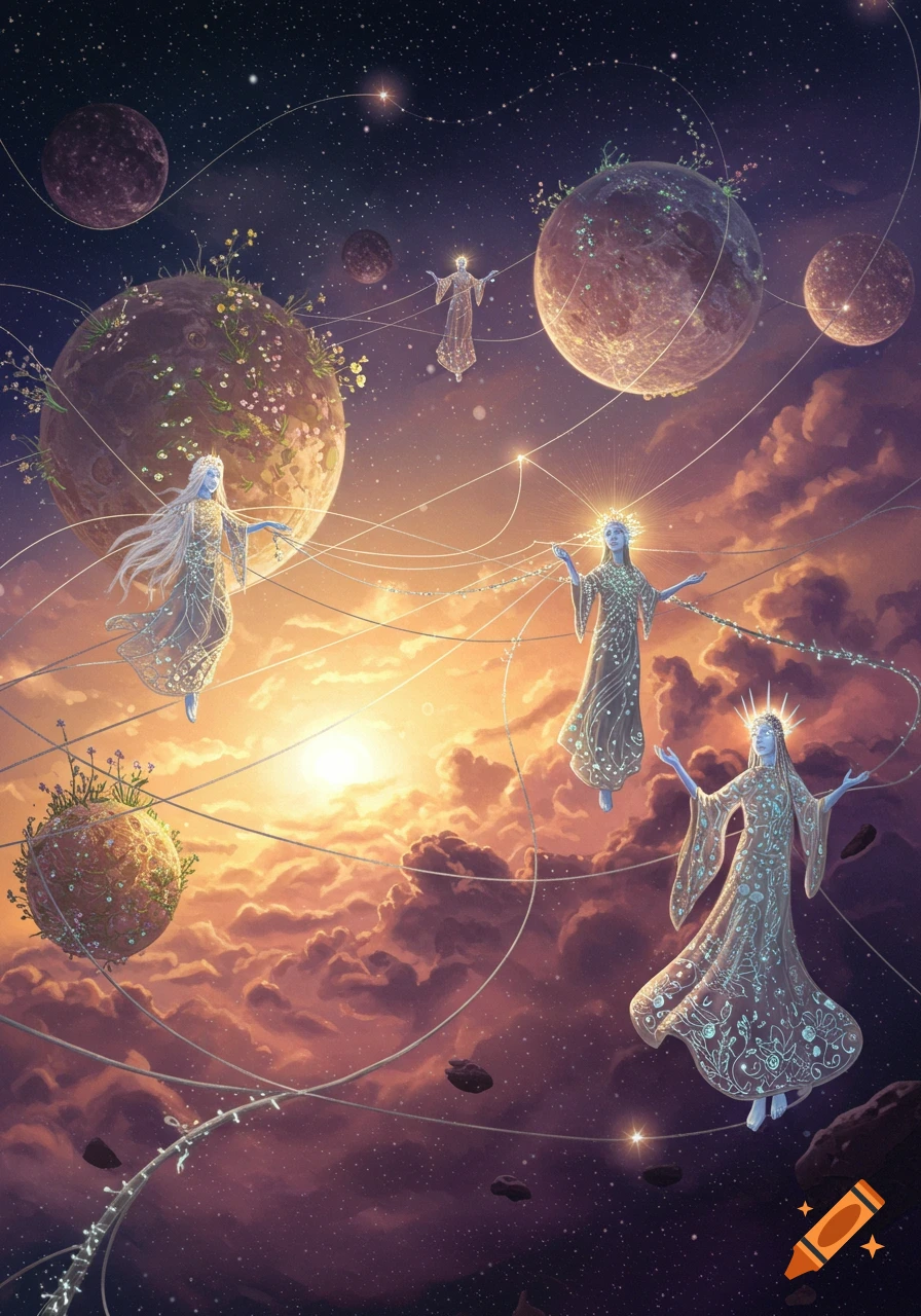 Ethereal figures float among planets and glowing threads in a vibrant cosmic sky with a warm sunset glow.