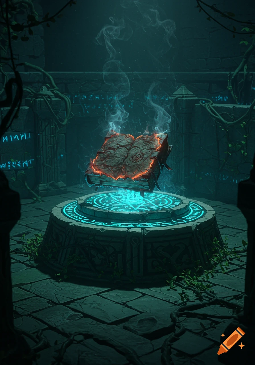A glowing, cursed book floats above an ancient pedestal adorned with a magical seal in a dark, overgrown ruin.