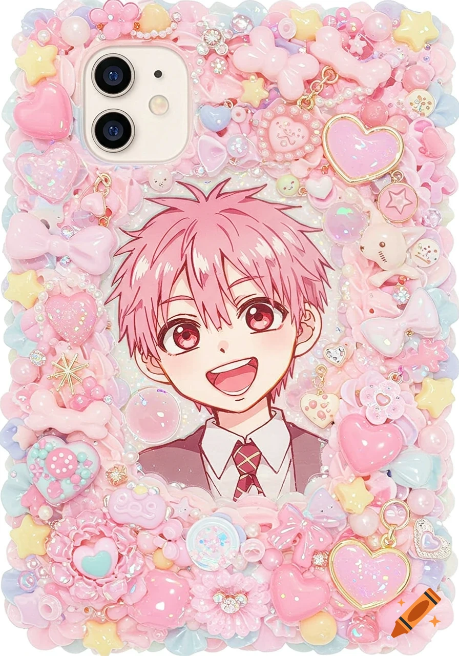 A decorative phone case featuring a smiling anime boy with pink hair surrounded by an abundance of pastel pink, blue, and yellow kawaii charms.