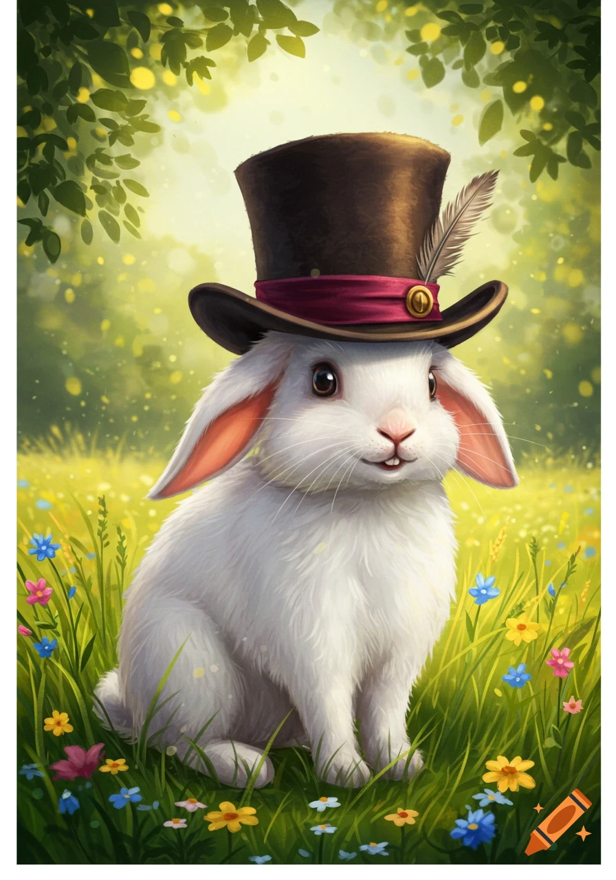 A cute white rabbit wearing a brown top hat with a feather, sitting in a field of colorful wildflowers.