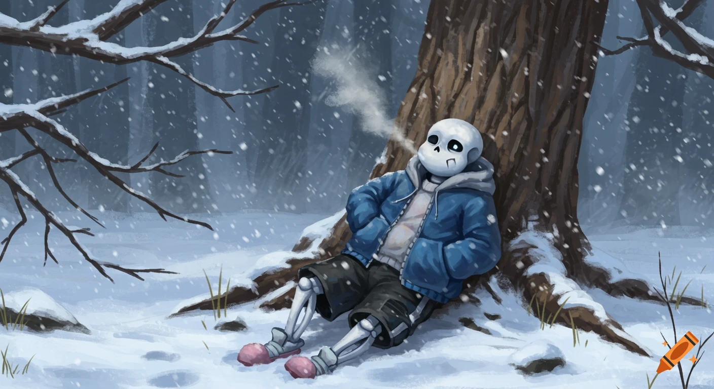 Sans the skeleton leans against a snowy tree in a winter forest as snow falls, steam rising from his mouth.