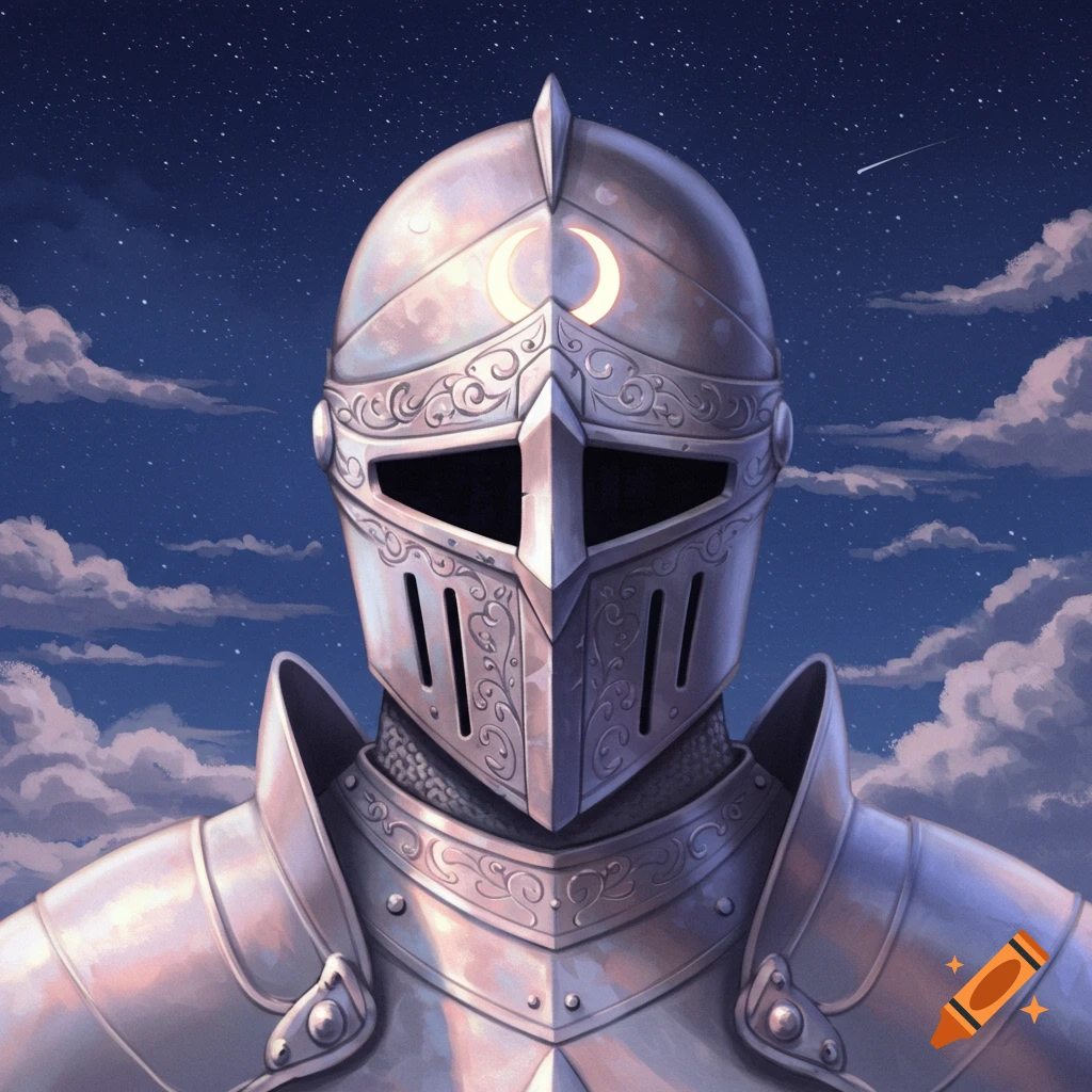 Detailed knight's helmet with a glowing crescent moon and ornate swirls, set against a starry night sky with clouds.